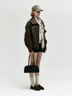 MARGESHERWOOD Soft Boston Ew Baguette Bag - Black Studded Suede