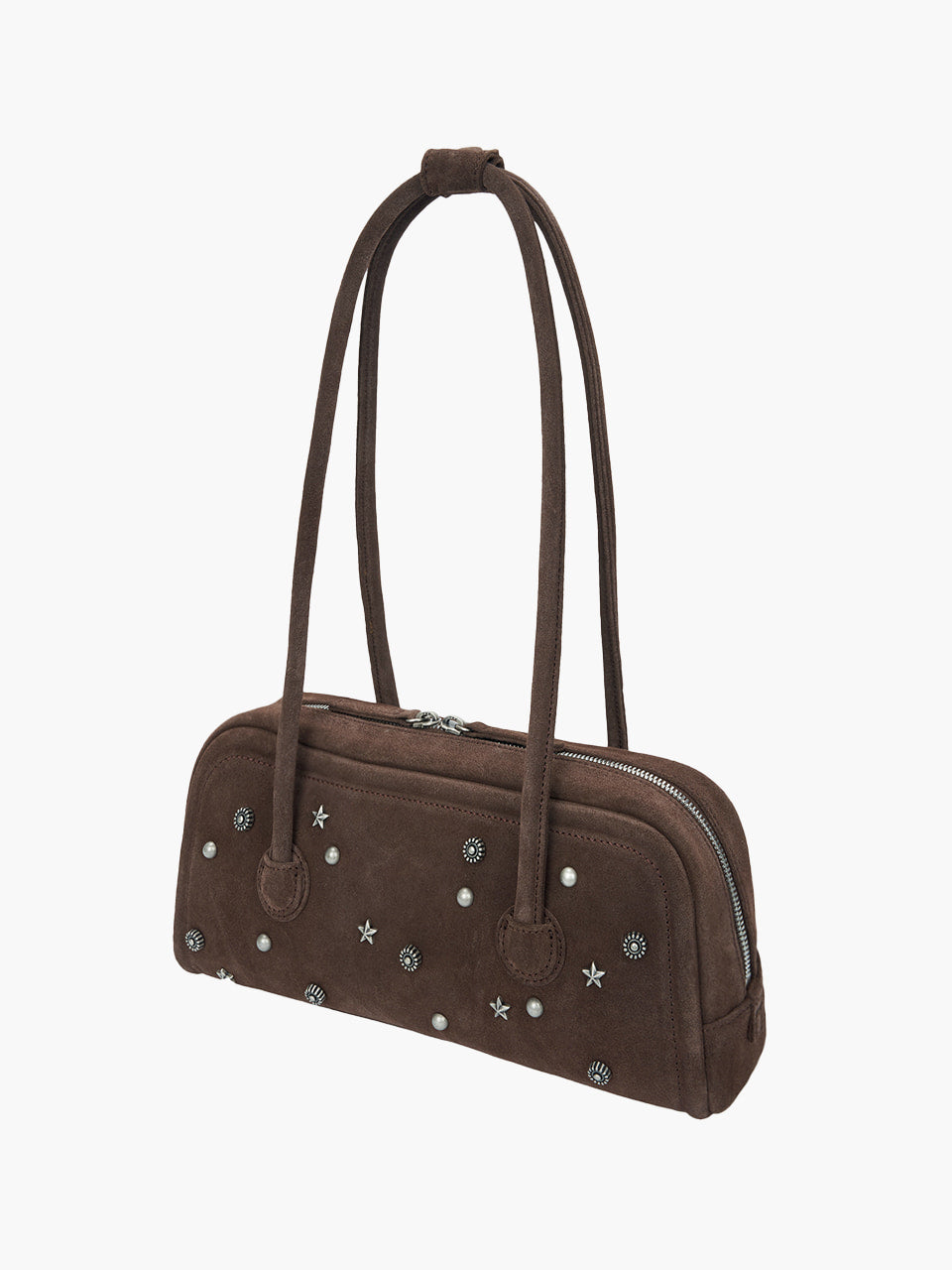MARGESHERWOOD Soft Boston Ew Baguette Bag - Choco Brown Studded Suede