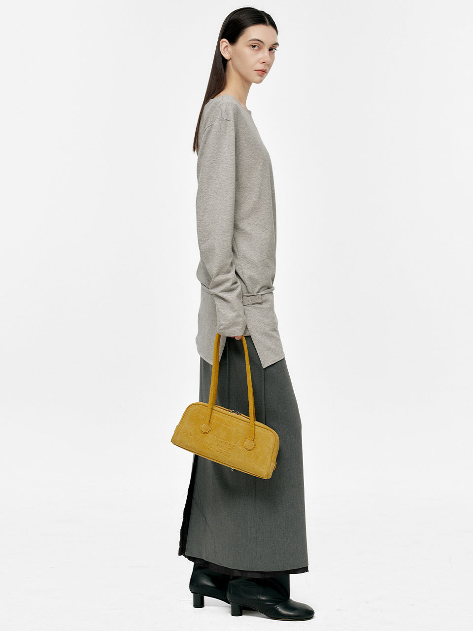 MARGESHERWOOD Soft Boston Ew Baguette Bag - Mustard Croc Suede