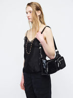 MARGESHERWOOD Outpocket Hobo Shoulder Bag Black Glossy Plain worn