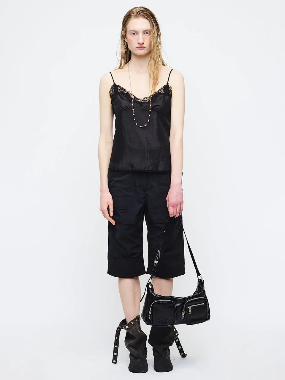 MARGESHERWOOD Outpocket Hobo Shoulder Bag Black Glossy Plain styled