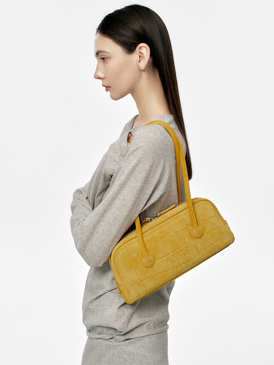 MARGESHERWOOD Soft Boston Ew Baguette Bag - Mustard Croc Suede