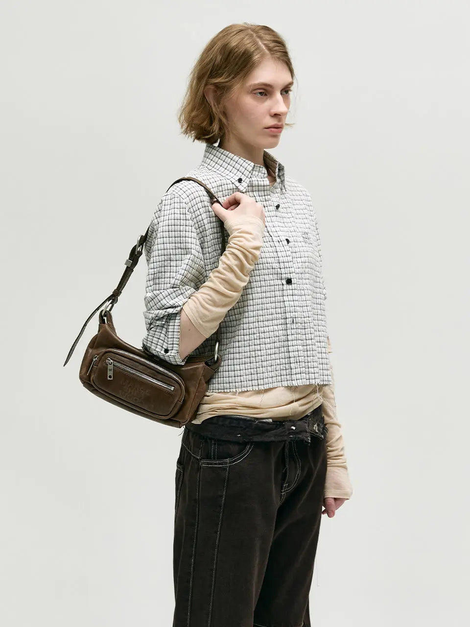 Marge Sherwood Outpocket Hobo Mini in washed brown pull-up, view 7