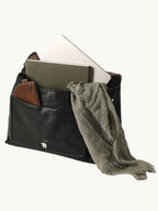 Songmont Medium Shan Messenger Bag Onyx - open bag holding a laptop and notebook