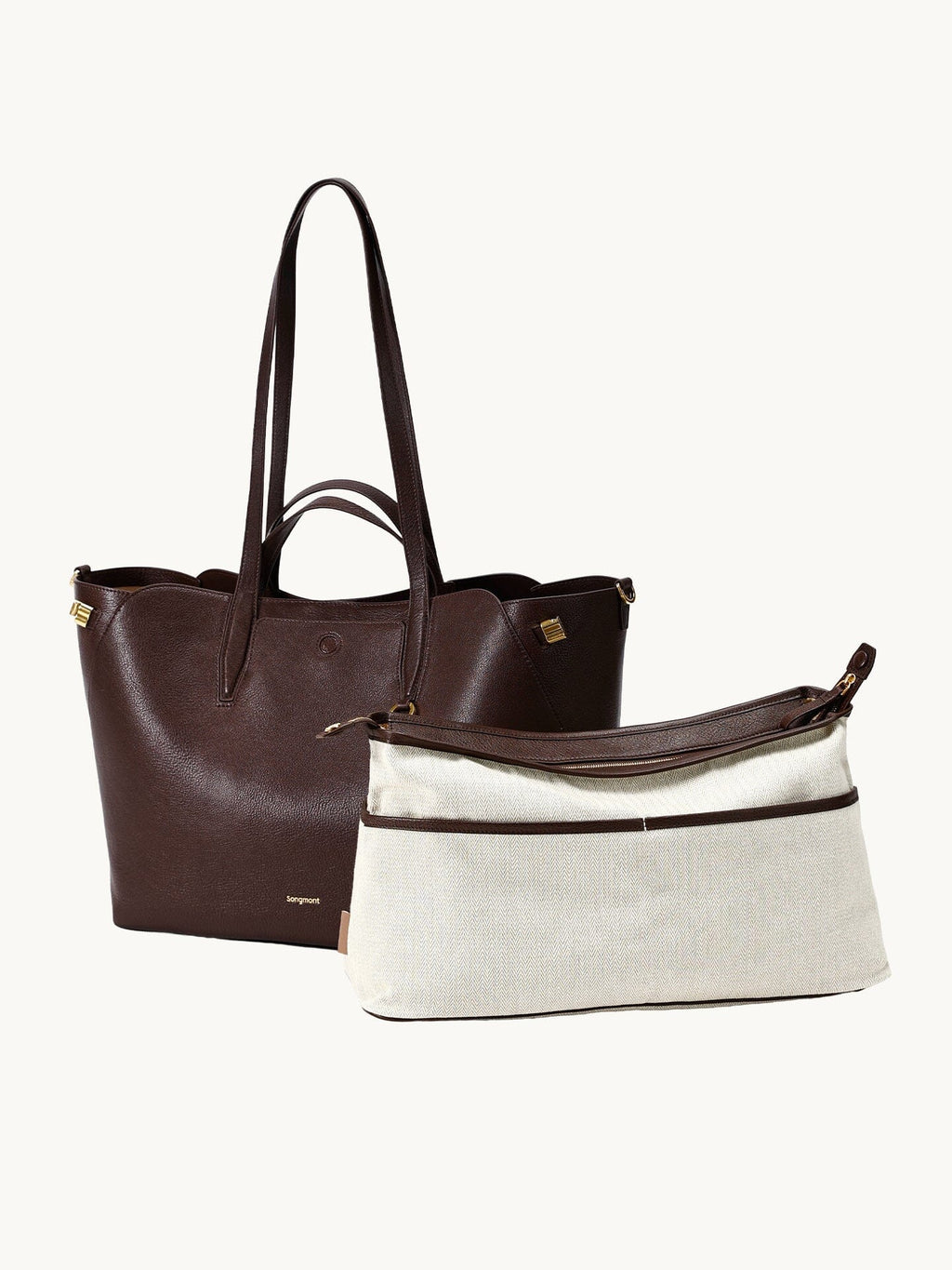 Songmont Large Yore Tote Bag Raisin - with the cream inner pouch beside it