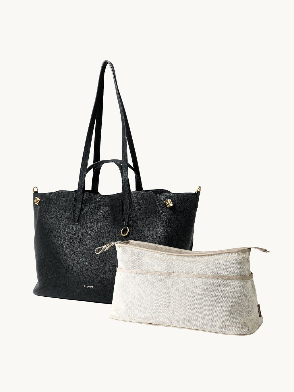 Songmont Large Yore Tote Bag Onyx - with the cream inner pouch beside it
