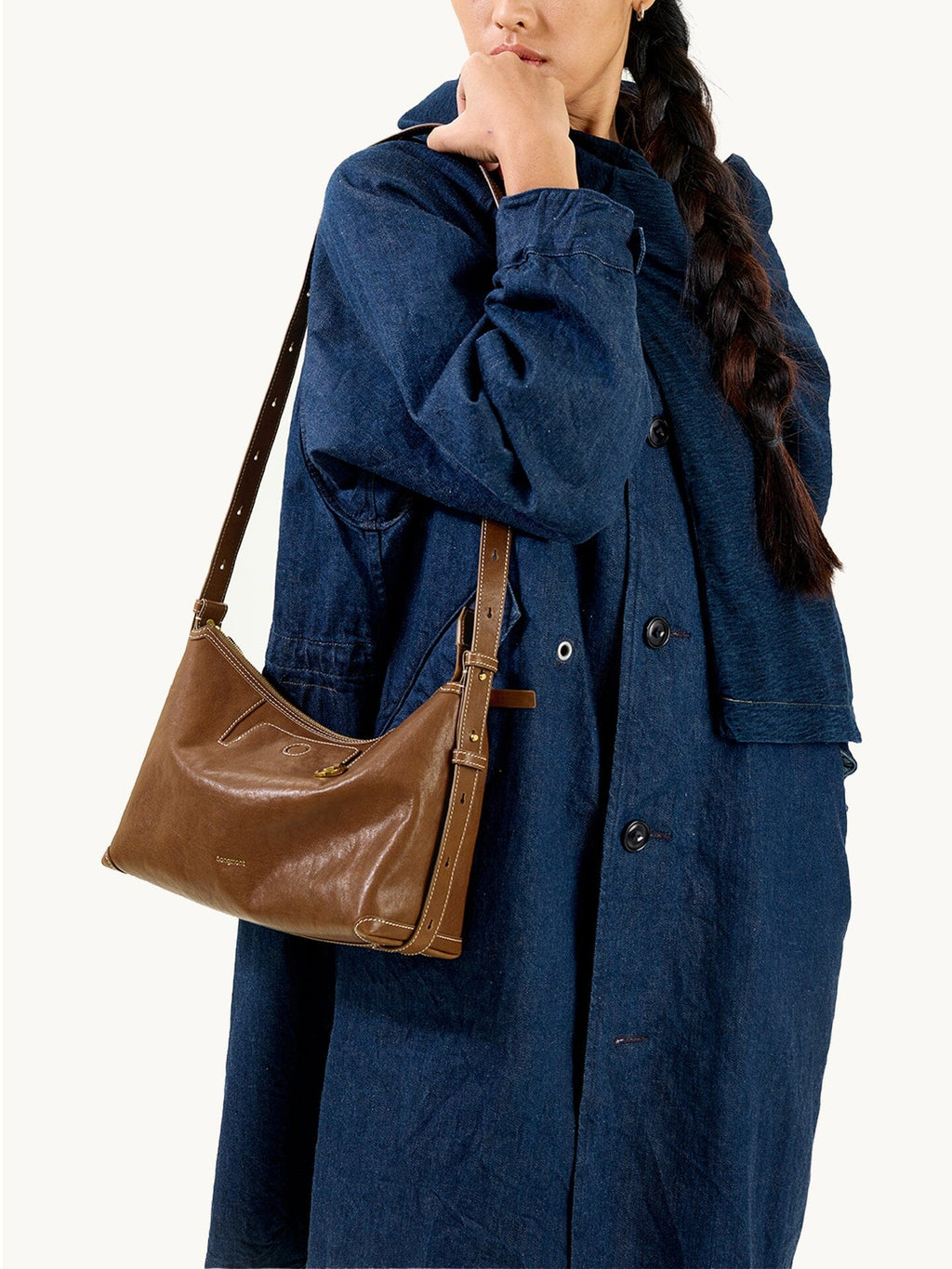Songmont Small Yore Hobo Bag (Minimal Version) Sandal - worn crossbody, front view