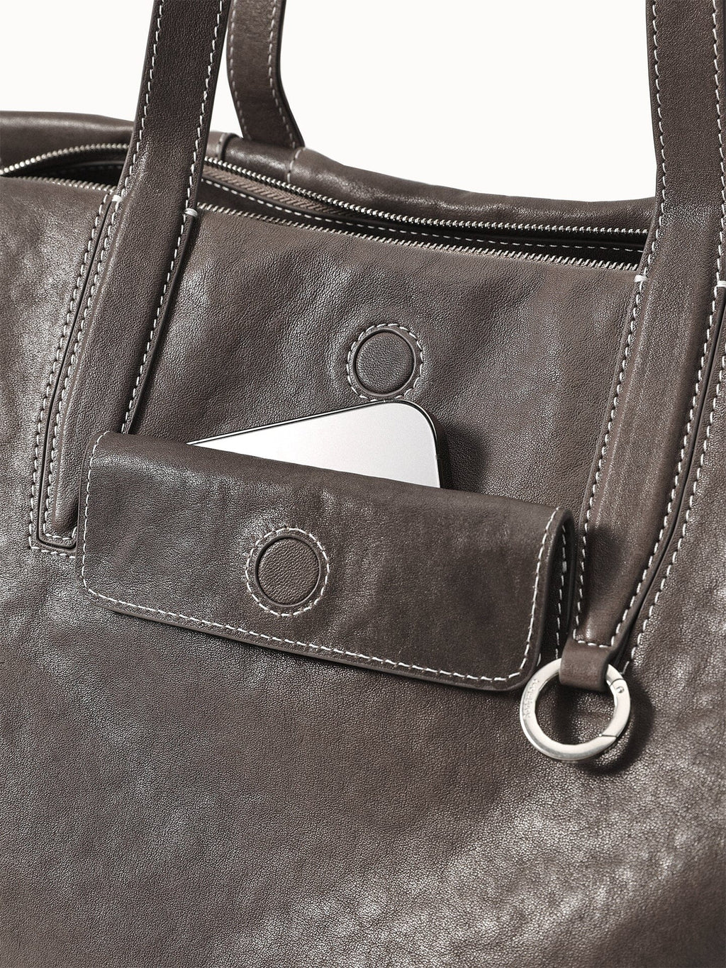 Songmont Medium Yore Duffle Bag Ink Grey - front pocket and handle ring, close-up