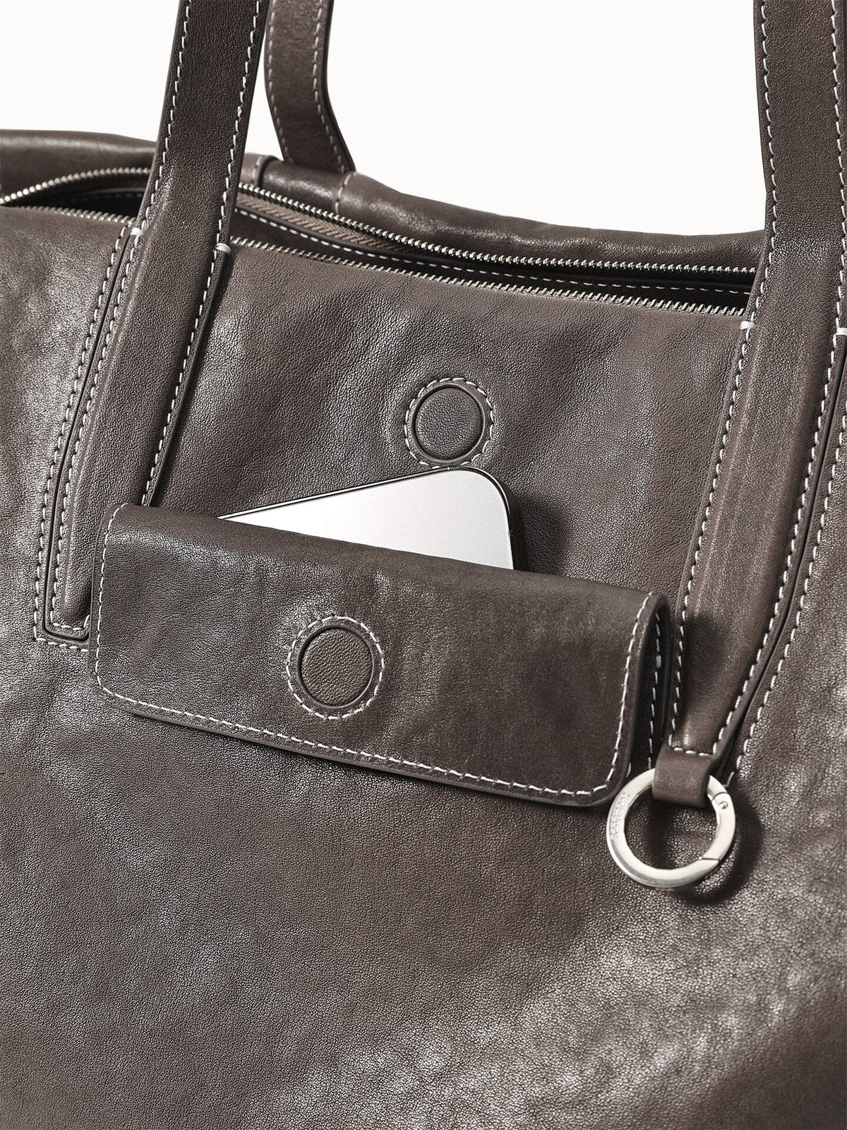 Songmont Medium Yore Duffle Bag Ink Grey - front pocket and handle ring, close-up