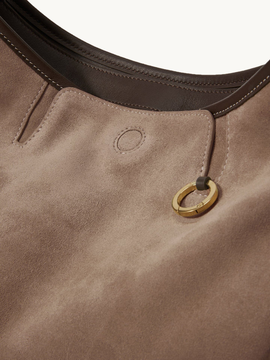 Songmont Large Yore Hobo Bag Stone - close-up of the taupe suede and gold ring
