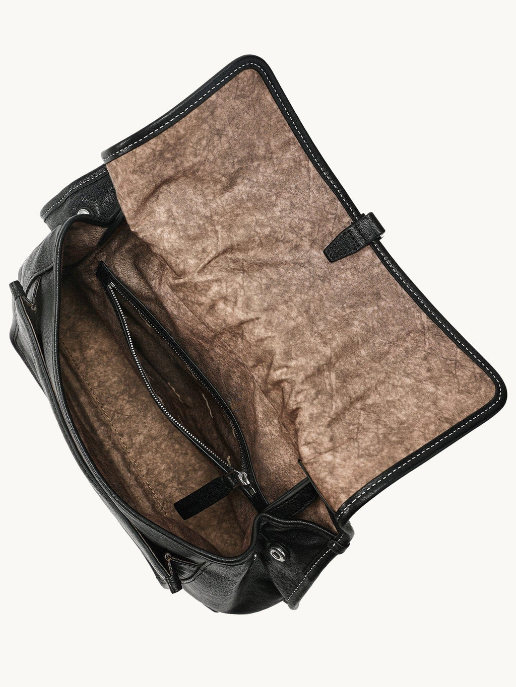 Songmont Small Shan Messenger Bag Onyx - open flap showing the fabric lining and inner pocket