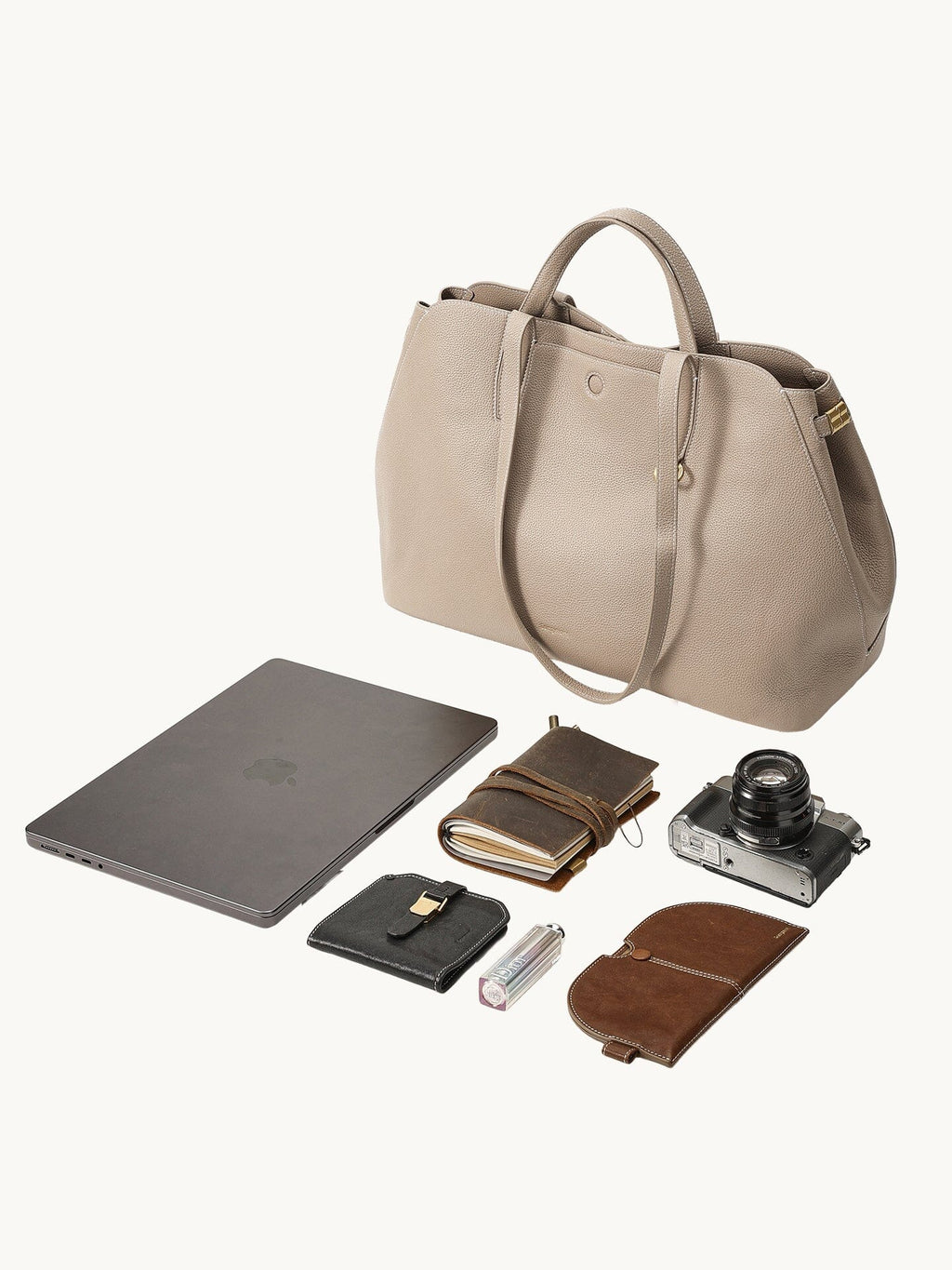 Songmont Large Yore Tote Bag Cobble - with a laptop, camera and notebook laid out