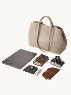 Songmont Large Yore Tote Bag Cobble - with a laptop, camera and notebook laid out