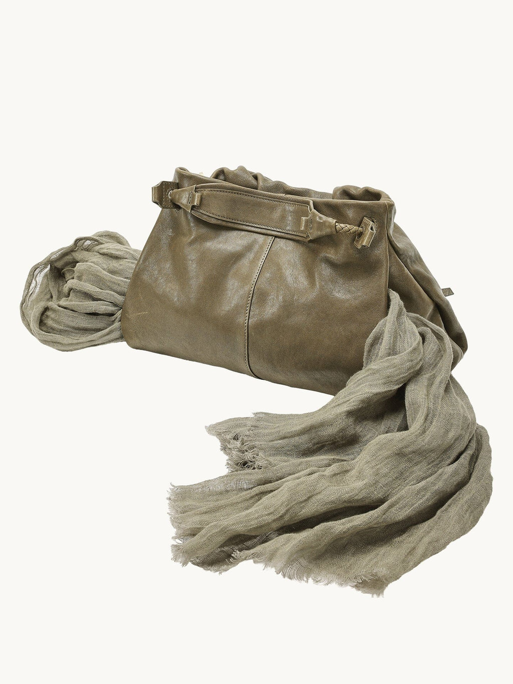 Songmont Small Gather Bag Dark Pine Green styled with a scarf