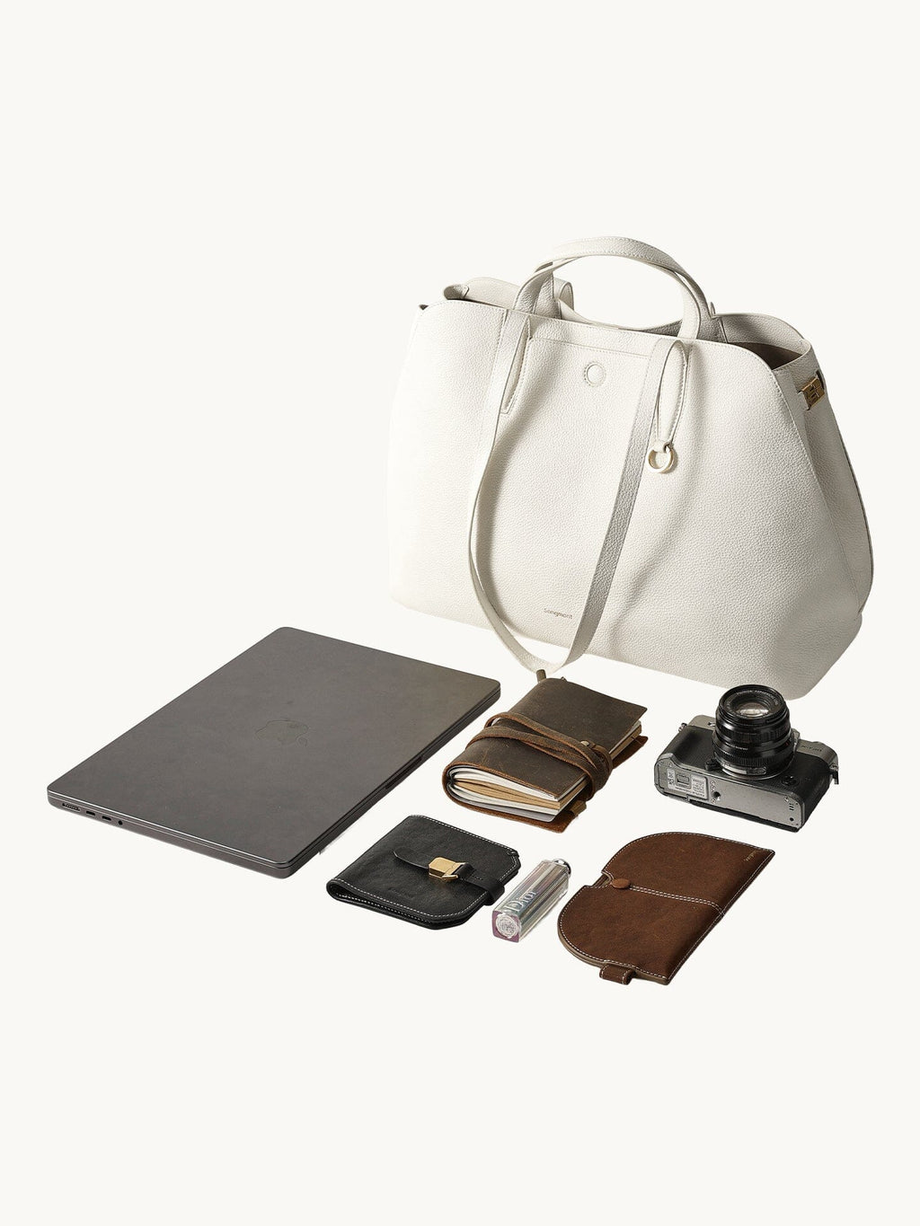 Songmont Large Yore Tote Bag Cloud - with a laptop, camera and notebook laid out