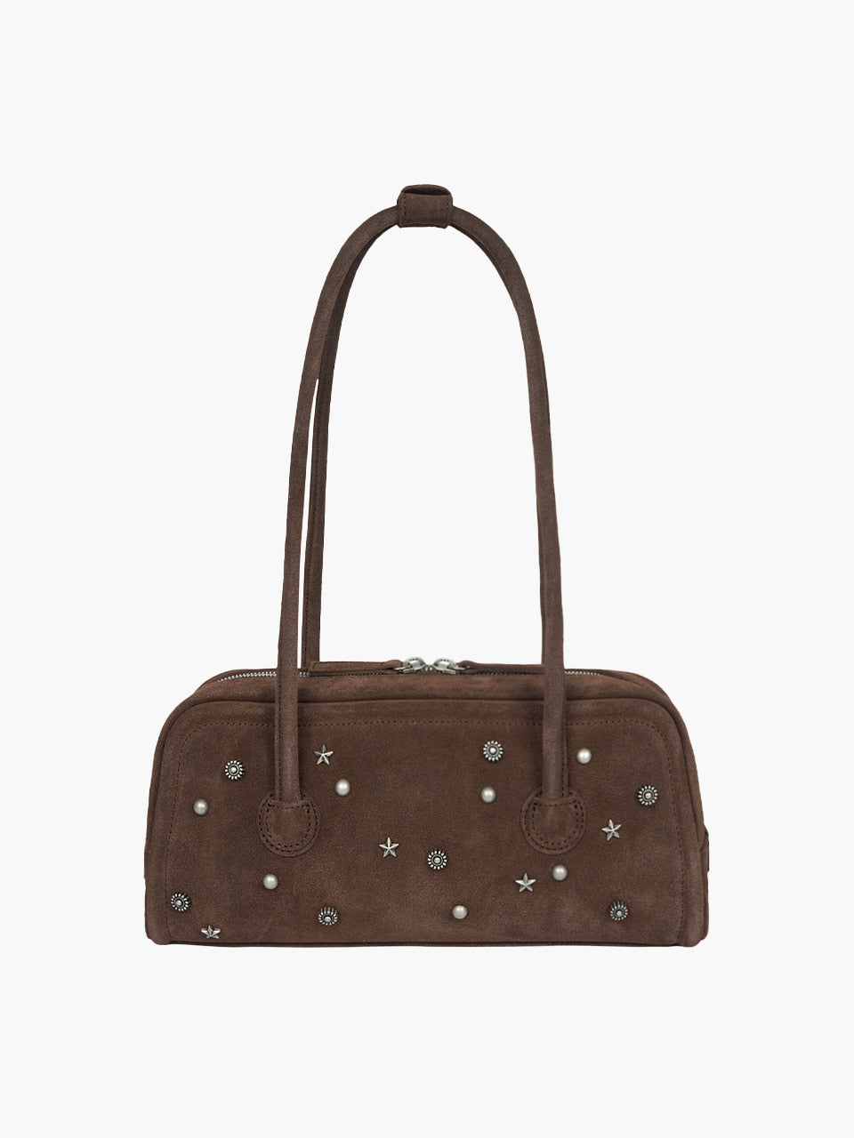 MARGESHERWOOD Soft Boston Ew Baguette Bag - Choco Brown Studded Suede