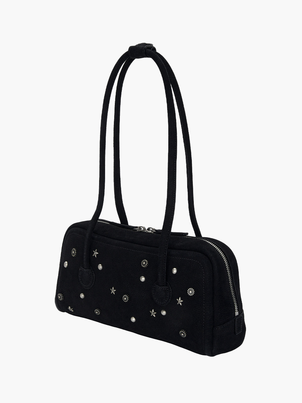 MARGESHERWOOD Soft Boston Ew Baguette Bag - Black Studded Suede