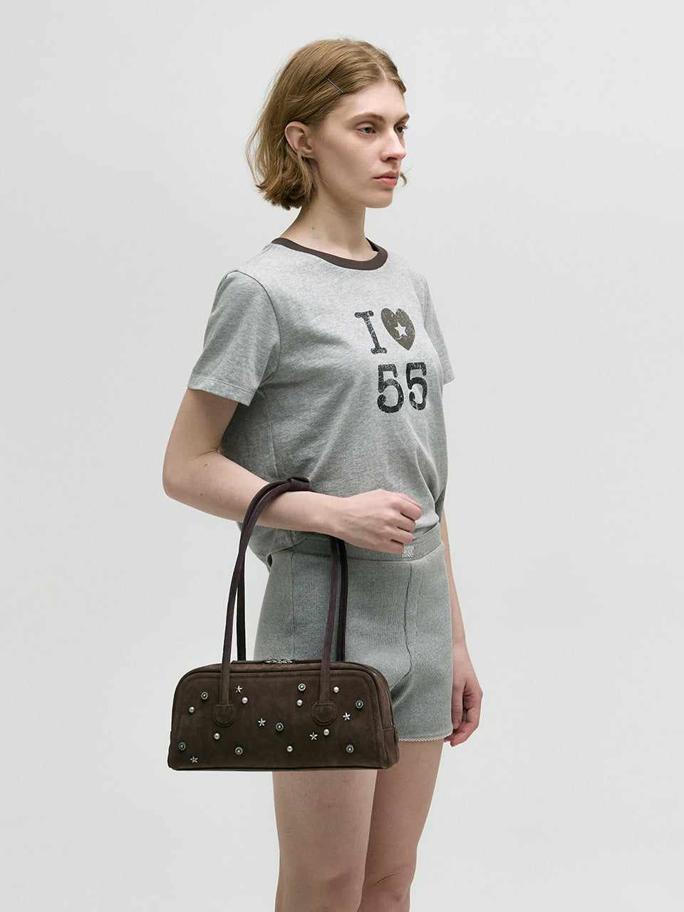 MARGESHERWOOD Soft Boston Ew Baguette Bag - Choco Brown Studded Suede