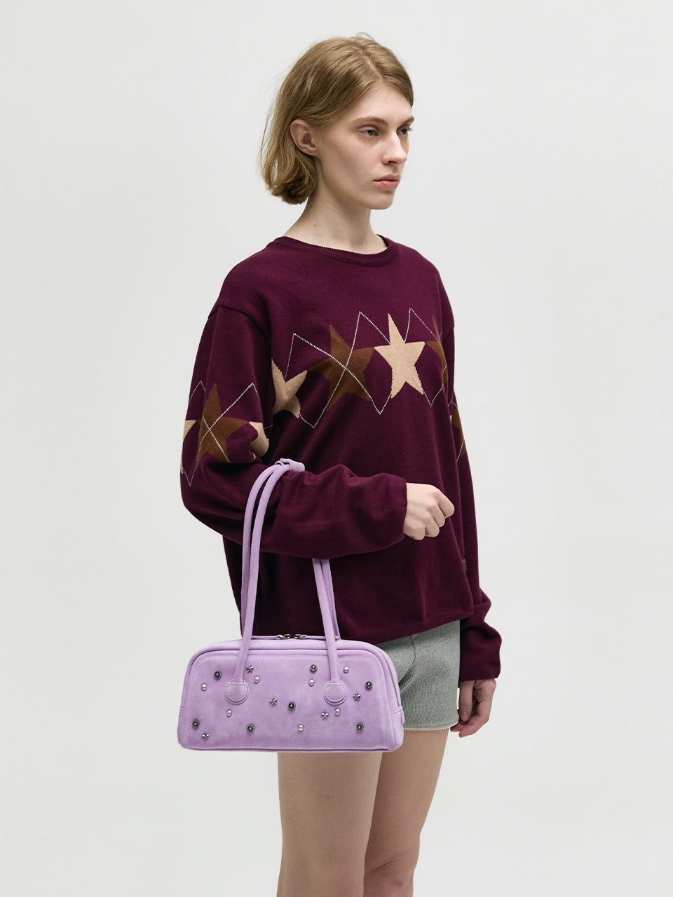 MARGESHERWOOD Soft Boston Ew Baguette Bag - Lavender Pink Studded Suede