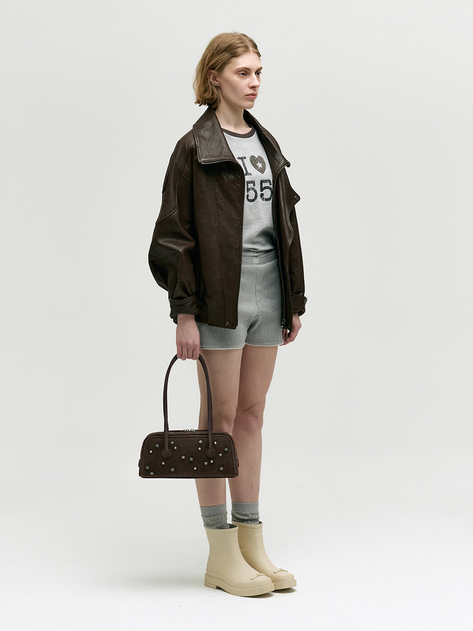 MARGESHERWOOD Soft Boston Ew Baguette Bag - Choco Brown Studded Suede