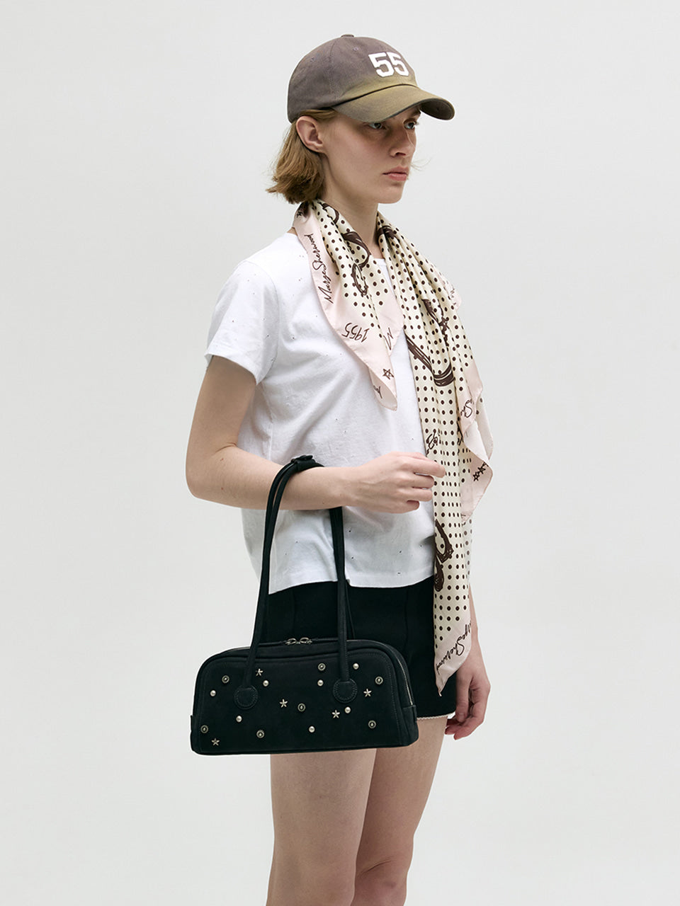 MARGESHERWOOD Soft Boston Ew Baguette Bag - Black Studded Suede