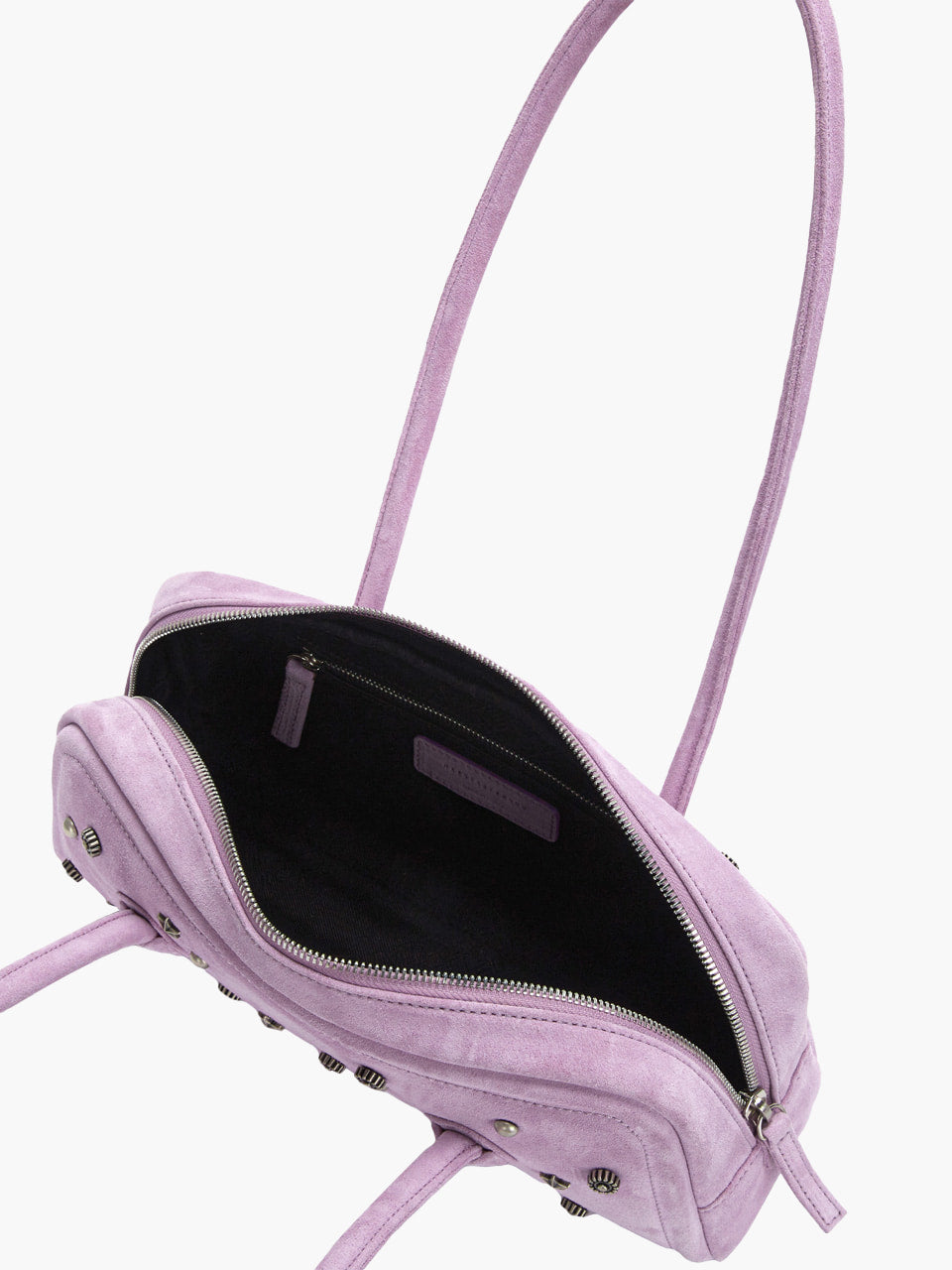 MARGESHERWOOD Soft Boston Ew Baguette Bag - Lavender Pink Studded Suede