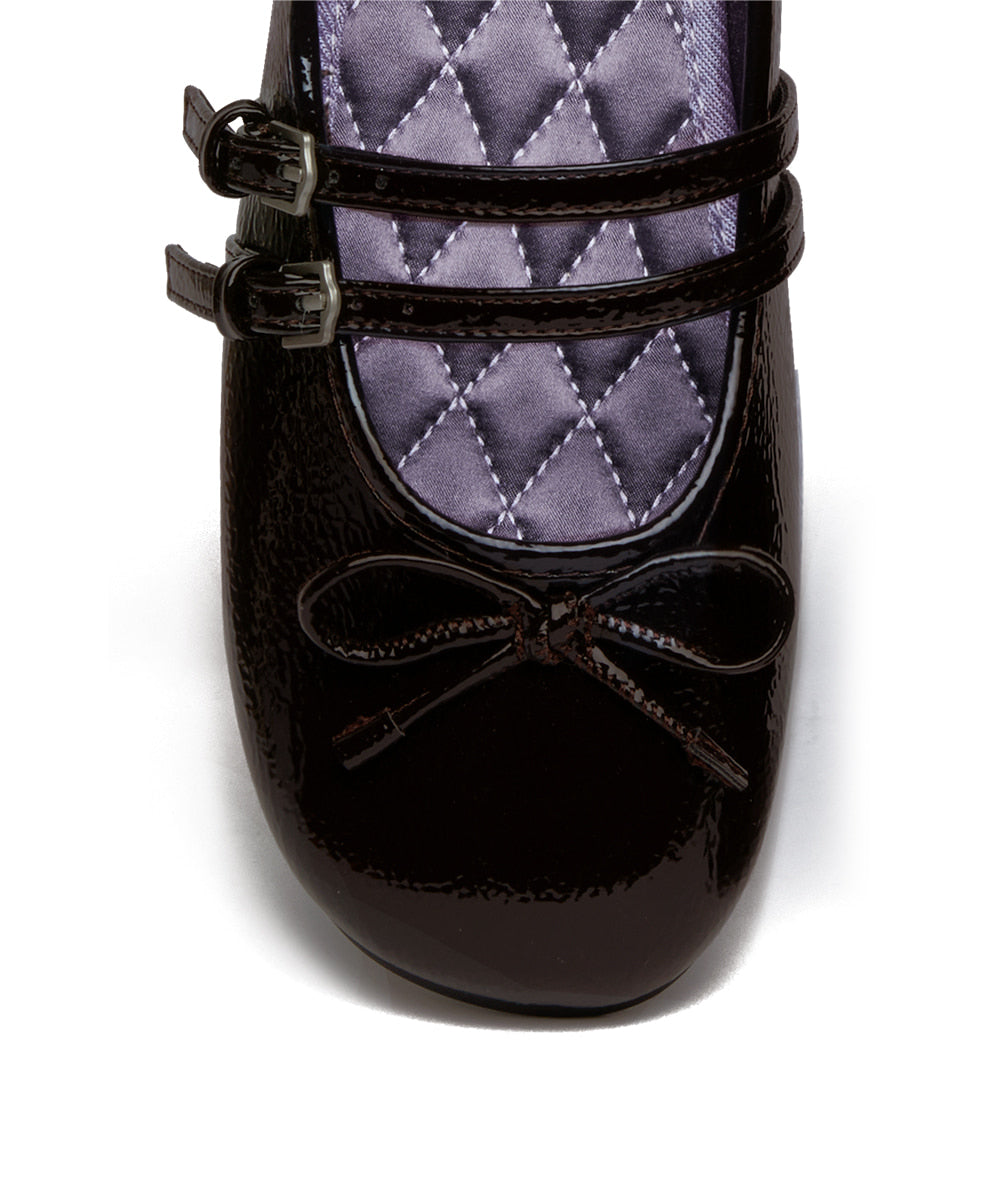 Rockfish Weatherwear Square Toe Two Strap Maryjanes Brown toe and ribbon close-up