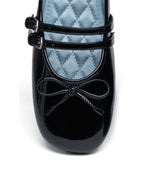 Rockfish Weatherwear Square Toe Two Strap Maryjanes Black toe and ribbon close-up