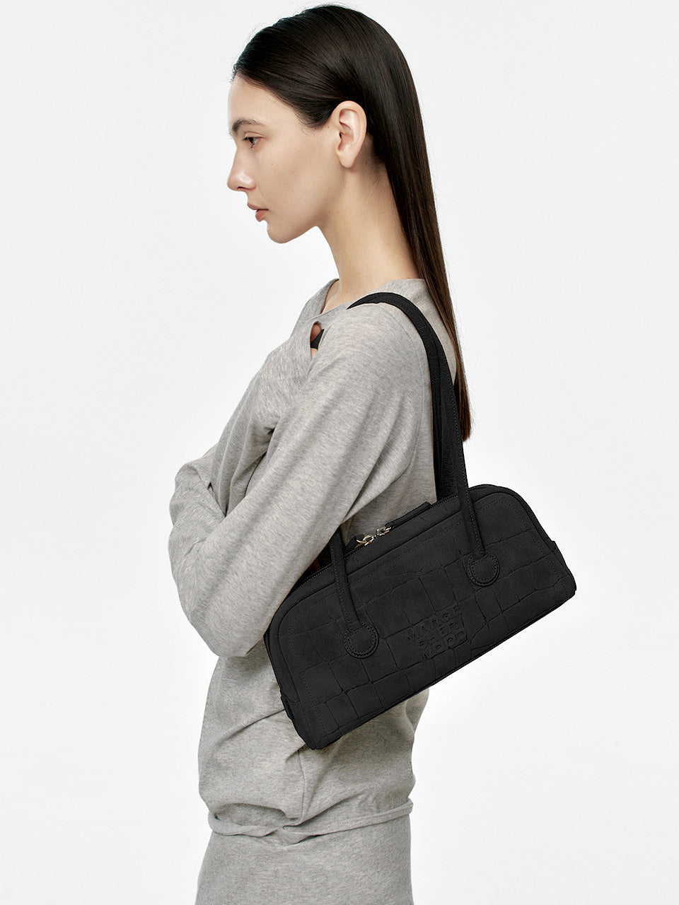 MARGESHERWOOD Soft Boston Ew Baguette Bag - Black Croc Suede