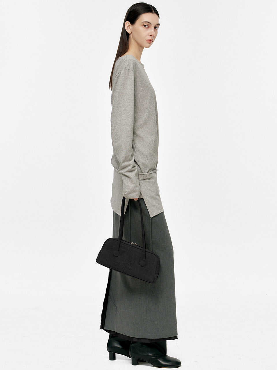 MARGESHERWOOD Soft Boston Ew Baguette Bag - Black Croc Suede