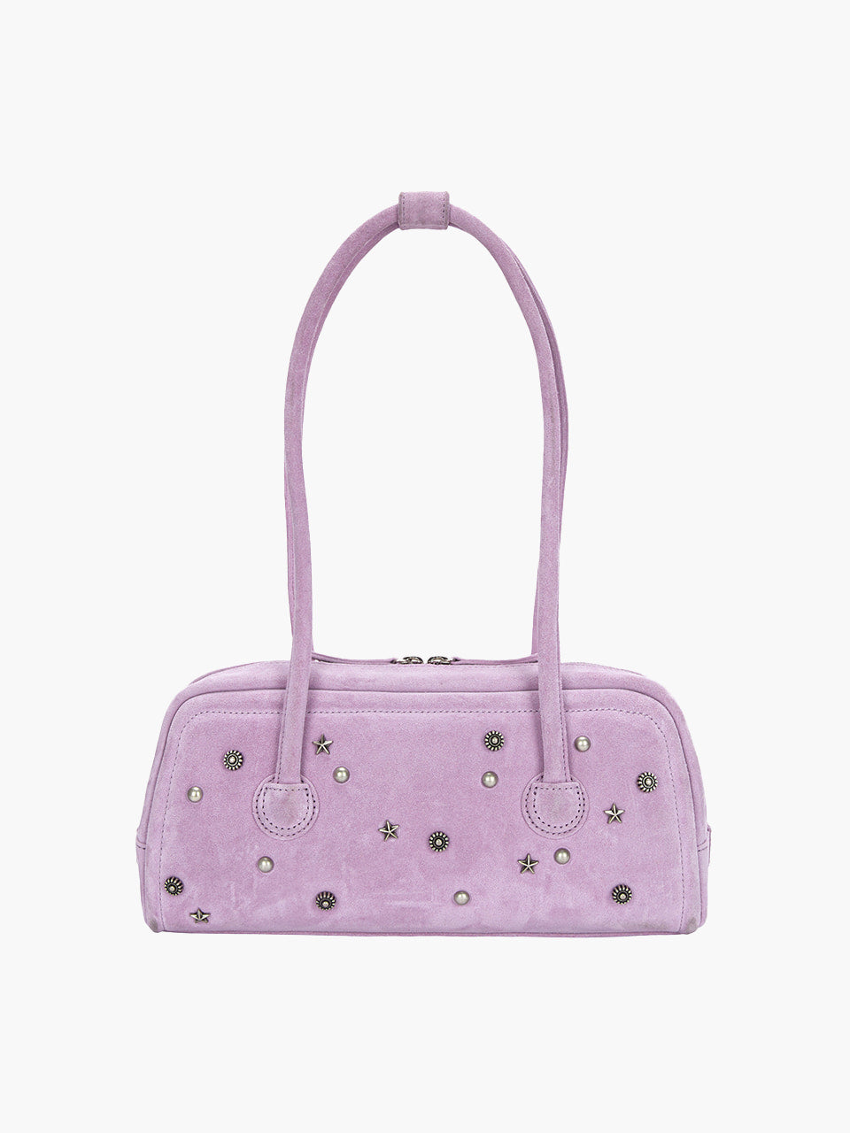 MARGESHERWOOD Soft Boston Ew Baguette Bag - Lavender Pink Studded Suede