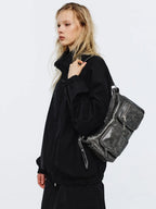 MARGESHERWOOD Outpocket Hobo Shoulder Bag White+Grey Two-Tone Cracked worn