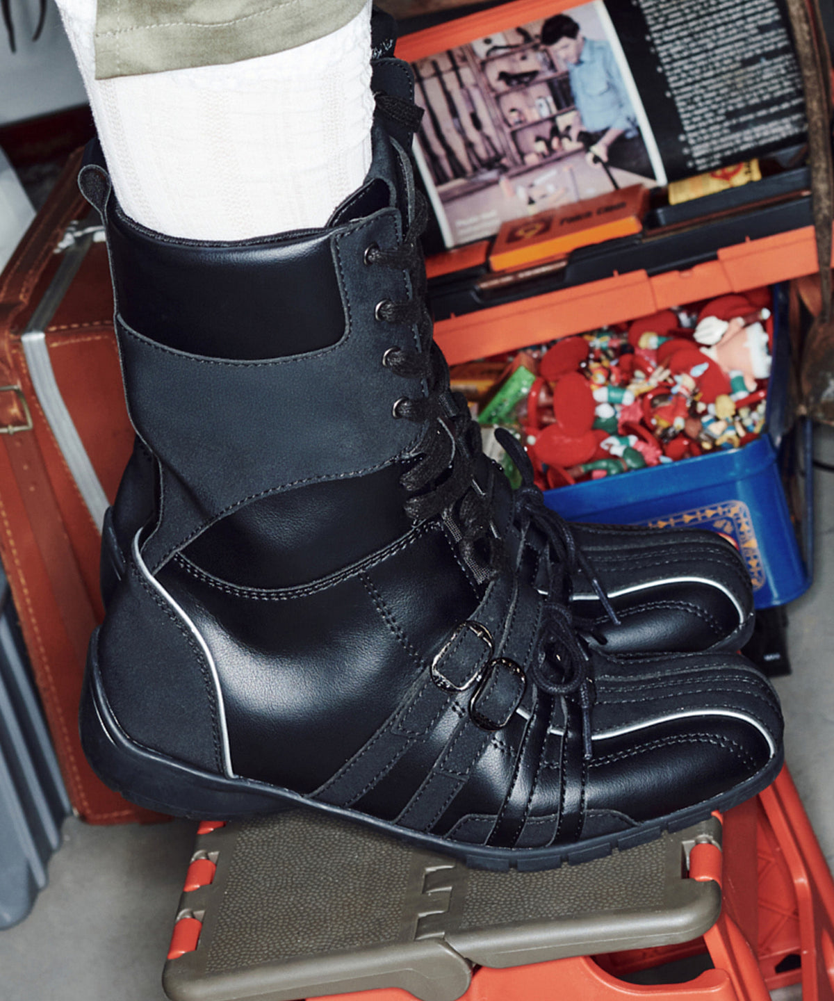 Rockfish Weatherwear Aster High Top Sneakers Black worn with double strap