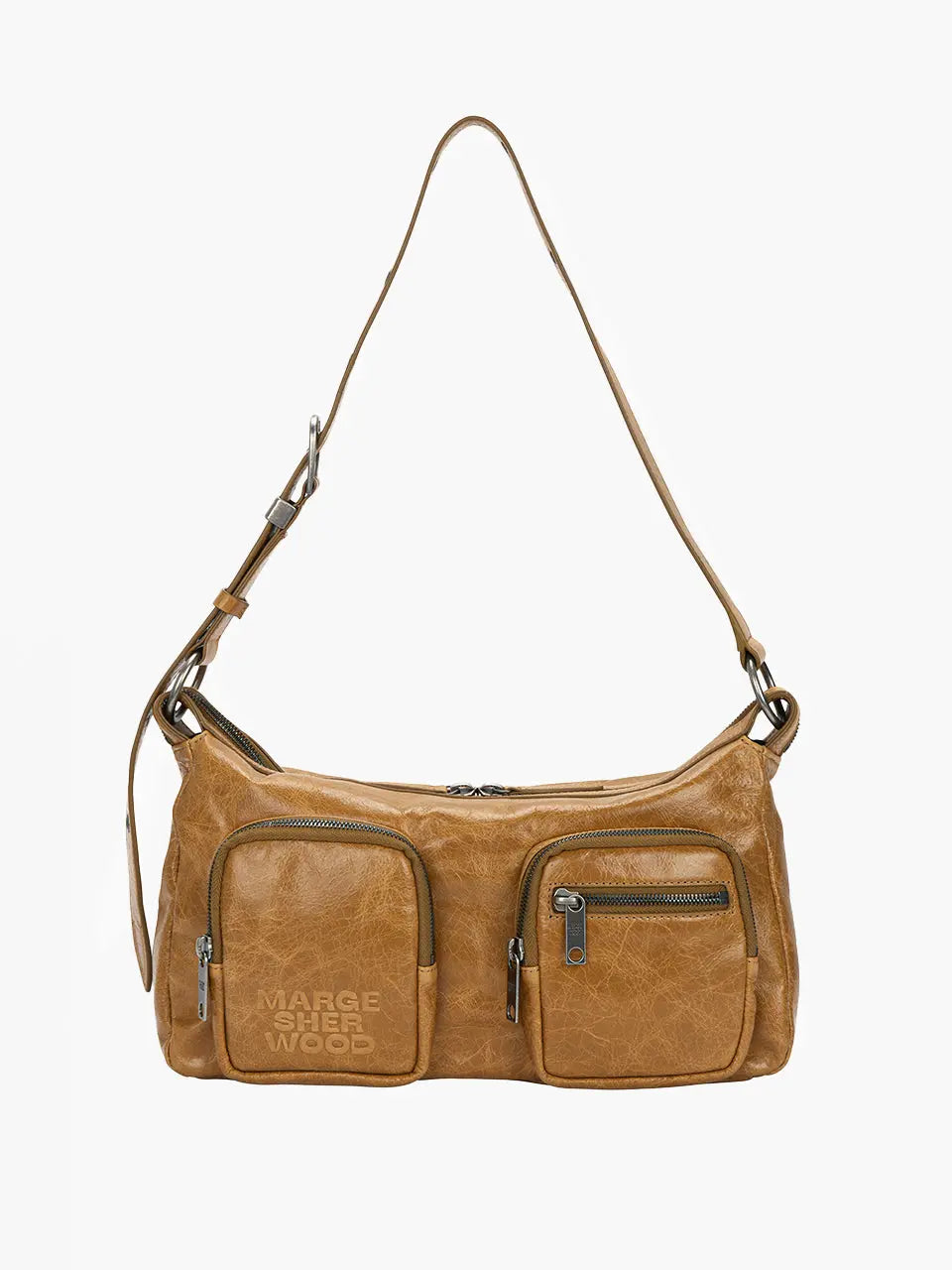 MARGESHERWOOD Outpocket Hobo Shoulder Bag Soft Camel Pull-Up Crinkle front