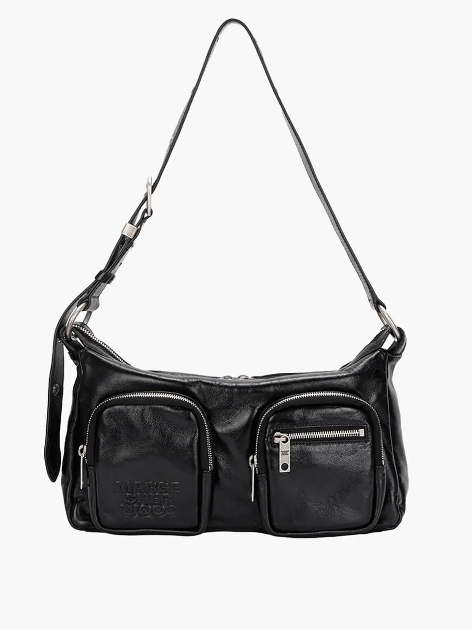 MARGESHERWOOD Outpocket Hobo Shoulder Bag Black Glossy Plain front