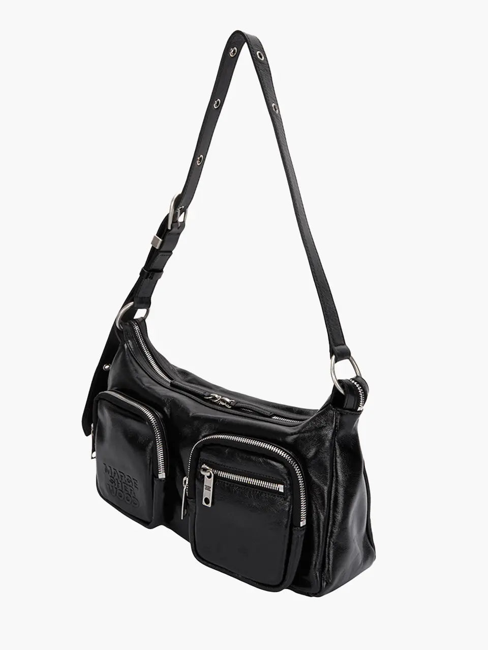 MARGESHERWOOD Outpocket Hobo Shoulder Bag Black Glossy Plain strap
