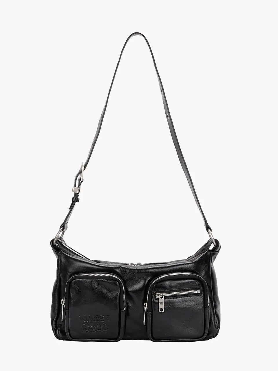 MARGESHERWOOD Outpocket Hobo Shoulder Bag Black Glossy Plain interior