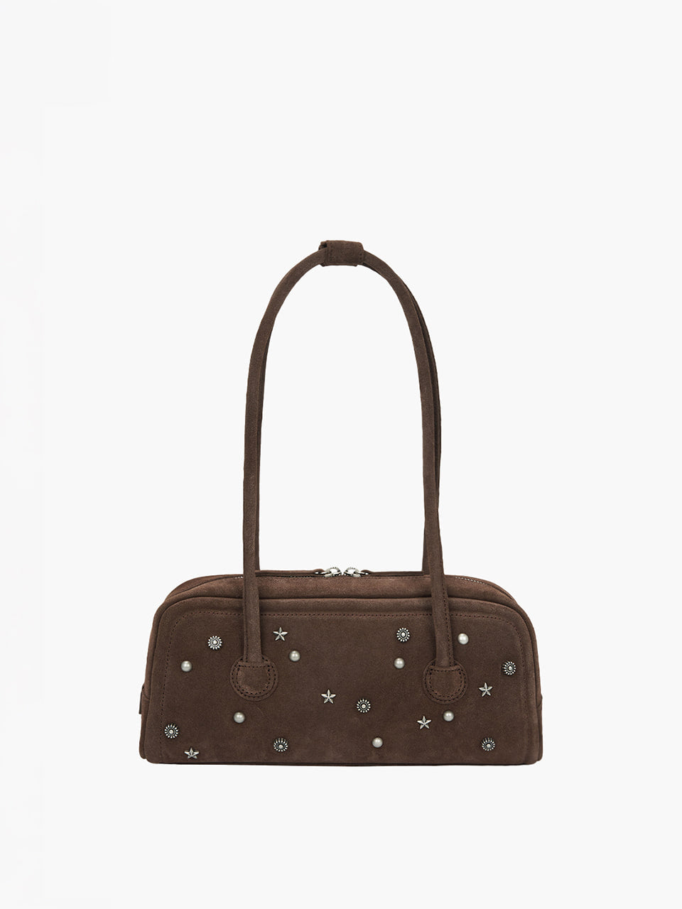 MARGESHERWOOD Soft Boston Ew Baguette Bag - Choco Brown Studded Suede