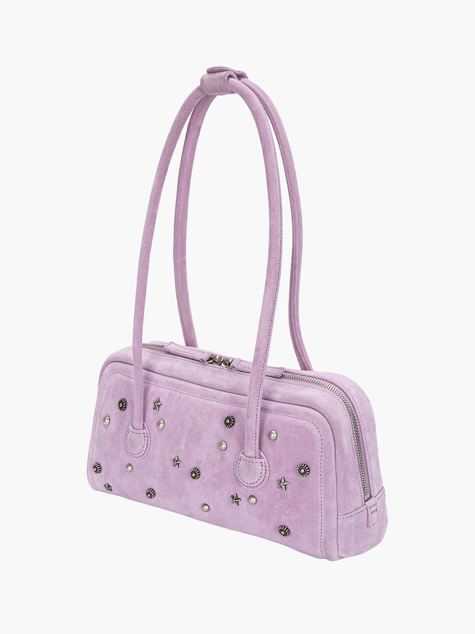 MARGESHERWOOD Soft Boston Ew Baguette Bag - Lavender Pink Studded Suede