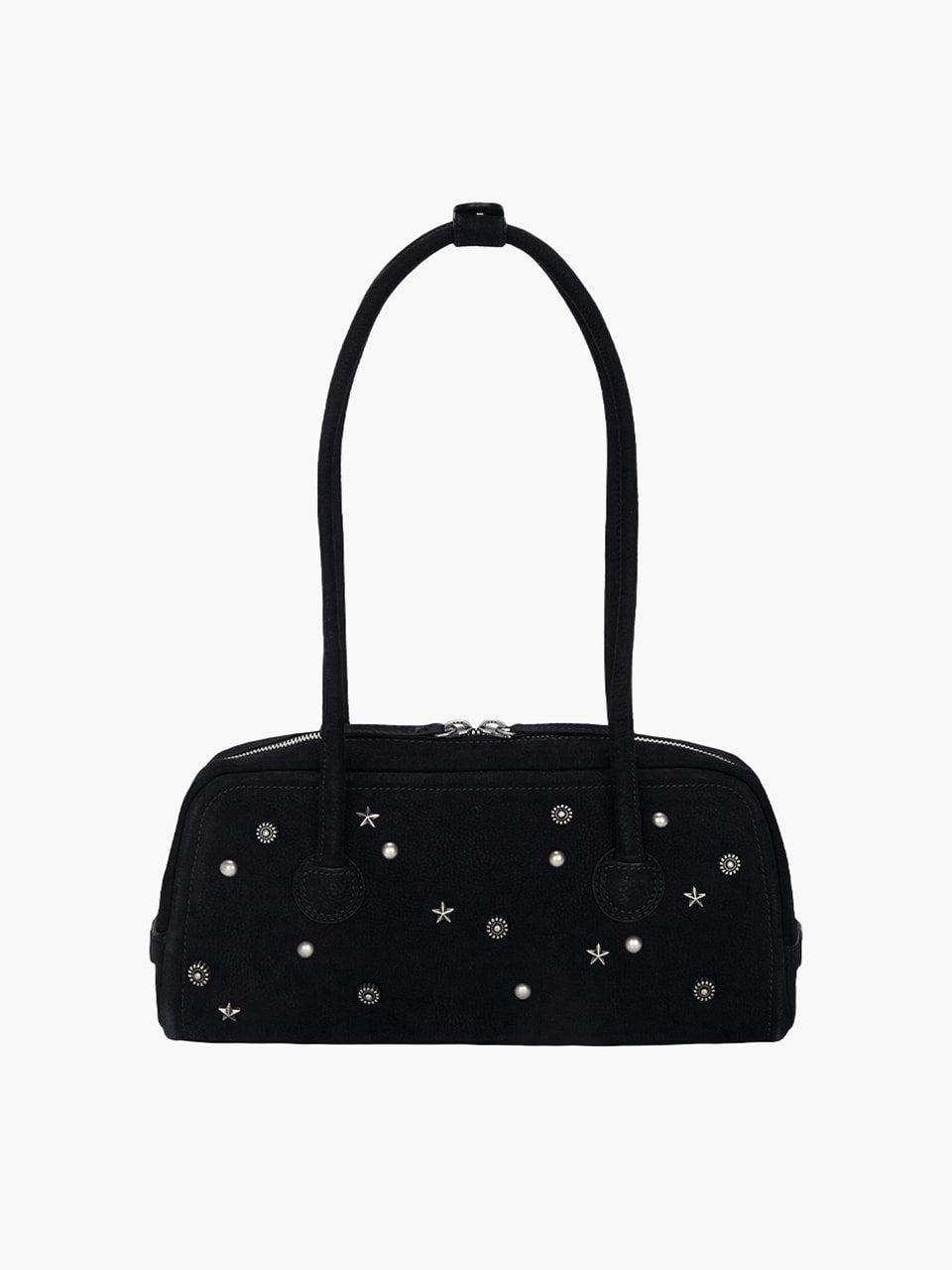 MARGESHERWOOD Soft Boston Ew Baguette Bag - Black Studded Suede