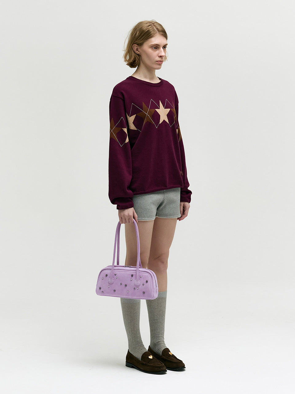 MARGESHERWOOD Soft Boston Ew Baguette Bag - Lavender Pink Studded Suede