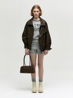 MARGESHERWOOD Soft Boston Ew Baguette Bag - Choco Brown Studded Suede