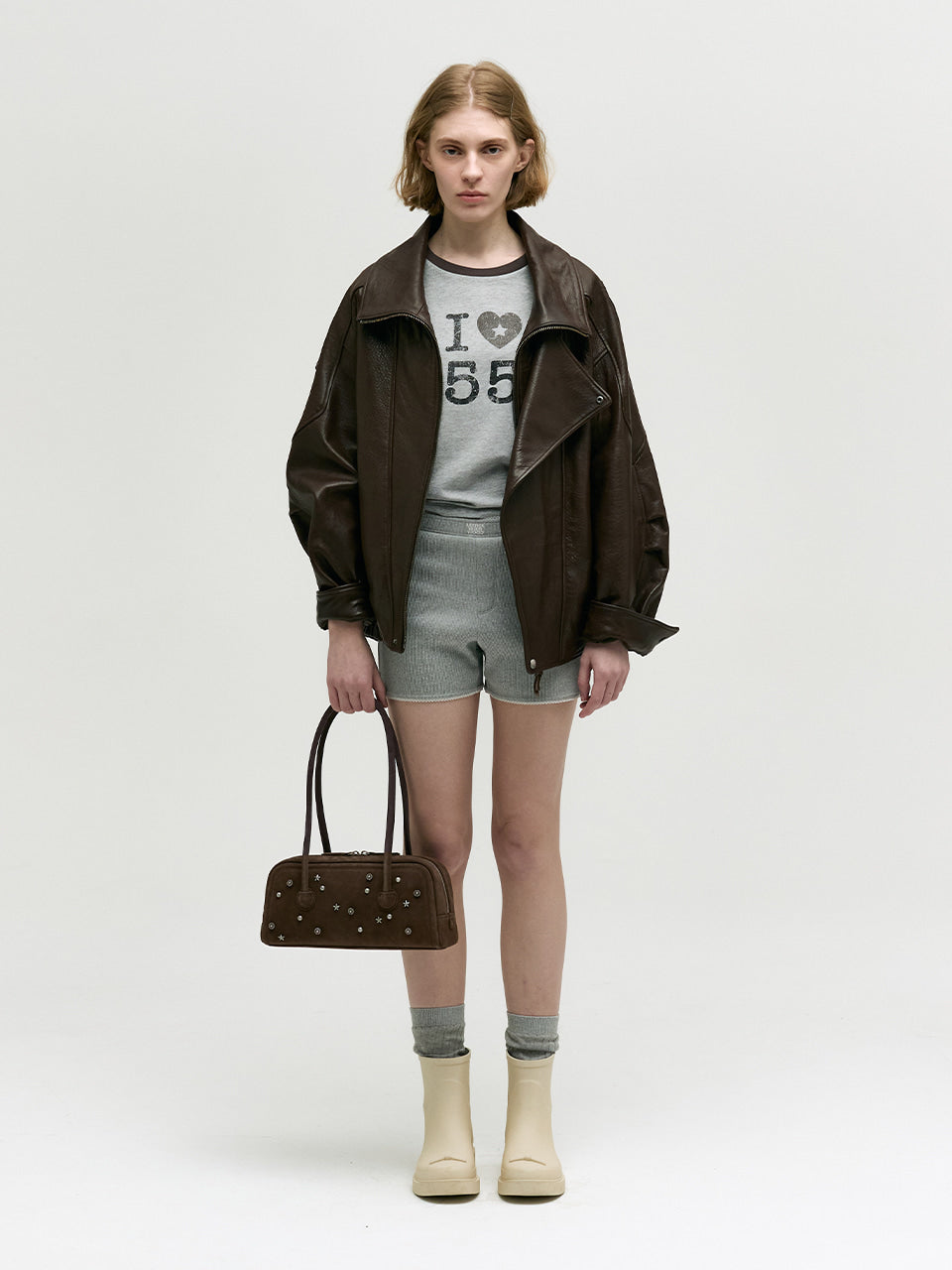 MARGESHERWOOD Soft Boston Ew Baguette Bag - Choco Brown Studded Suede