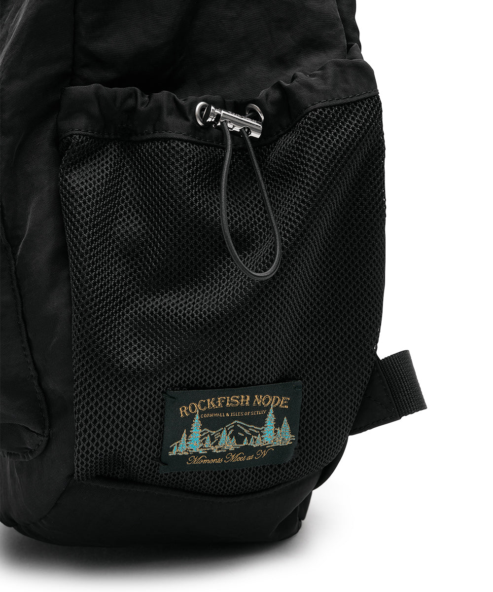 Rockfish Weatherwear Nylon Backpack Black mesh side pocket and Rockfish Node label