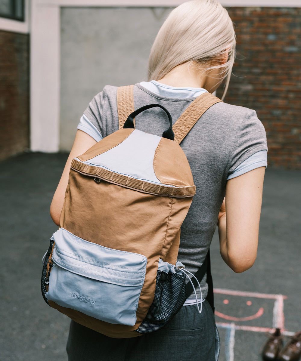 Rockfish Weatherwear Nylon Backpack Camel worn on the back