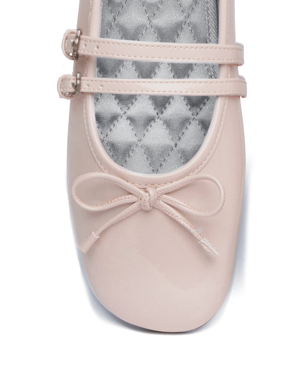 Rockfish Weatherwear Square Toe Two Strap Maryjanes Pink toe and ribbon close-up