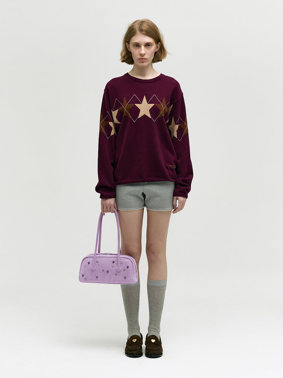 MARGESHERWOOD Soft Boston Ew Baguette Bag - Lavender Pink Studded Suede