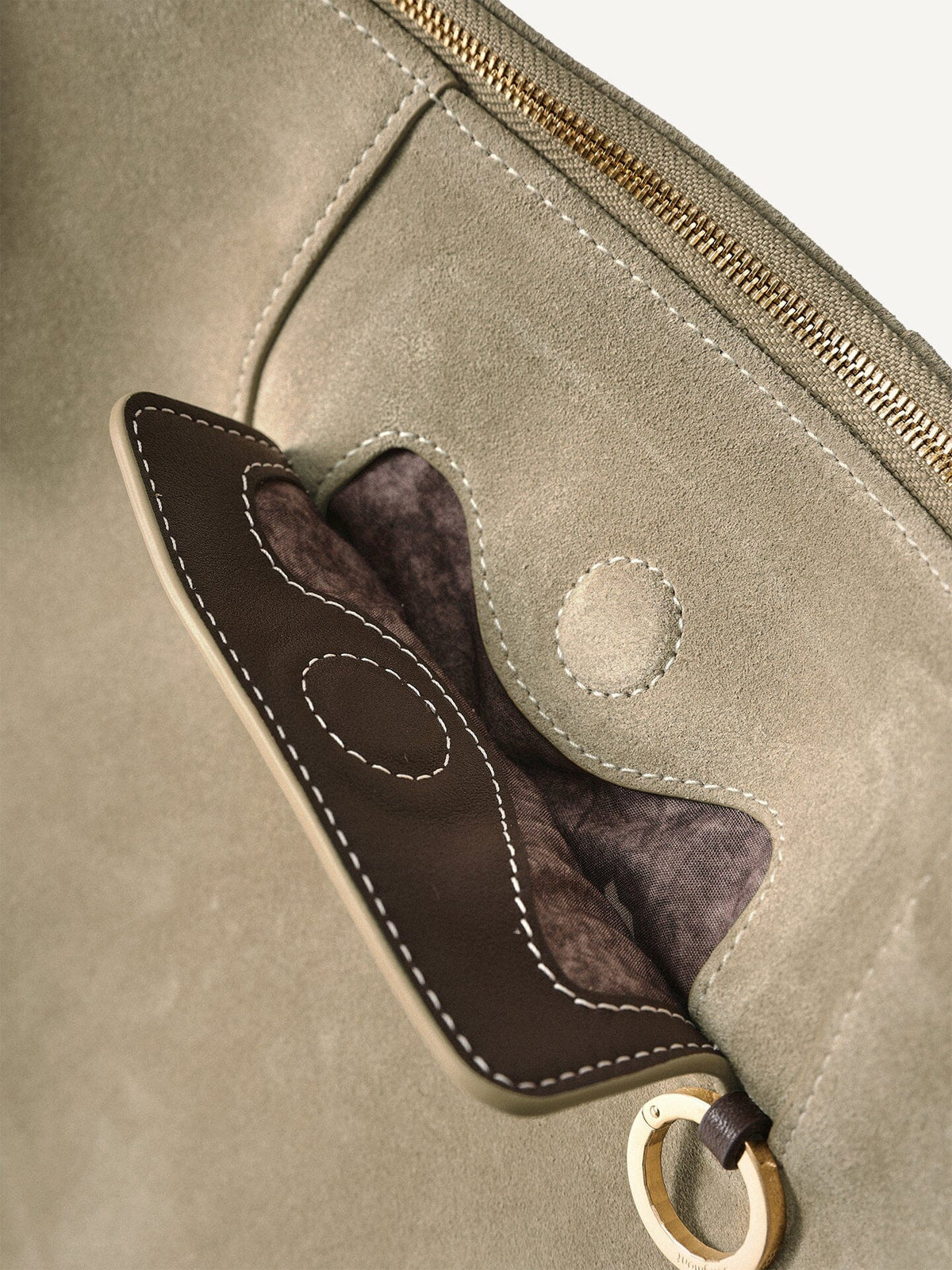 Songmont Extra Large Yore Hobo Bag Dune Suede - suede pocket with leather trim and gold ring