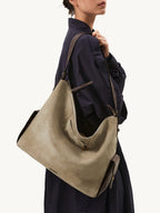 Songmont Extra Large Yore Hobo Bag Dune Suede - worn on the shoulder, navy shirt dress