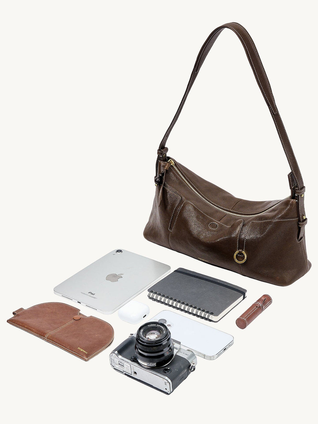 Songmont H Yore Bag Drab - flat lay with tablet, notebook and camera